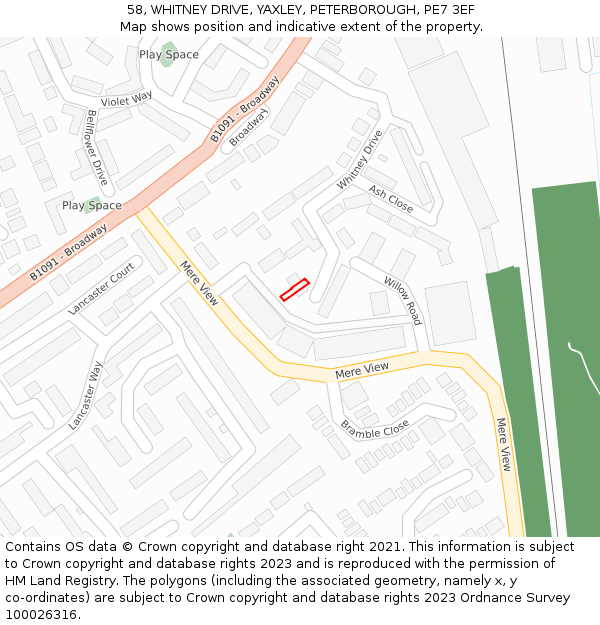 58, WHITNEY DRIVE, YAXLEY, PETERBOROUGH, PE7 3EF: Location map and indicative extent of plot