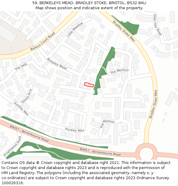59, BERKELEYS MEAD, BRADLEY STOKE, BRISTOL, BS32 8AU: Location map and indicative extent of plot