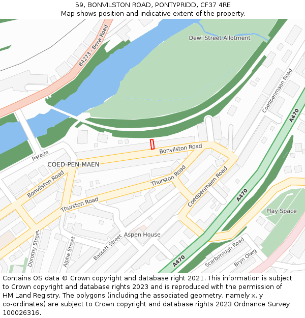 59, BONVILSTON ROAD, PONTYPRIDD, CF37 4RE: Location map and indicative extent of plot