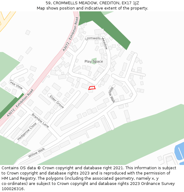 59, CROMWELLS MEADOW, CREDITON, EX17 1JZ: Location map and indicative extent of plot