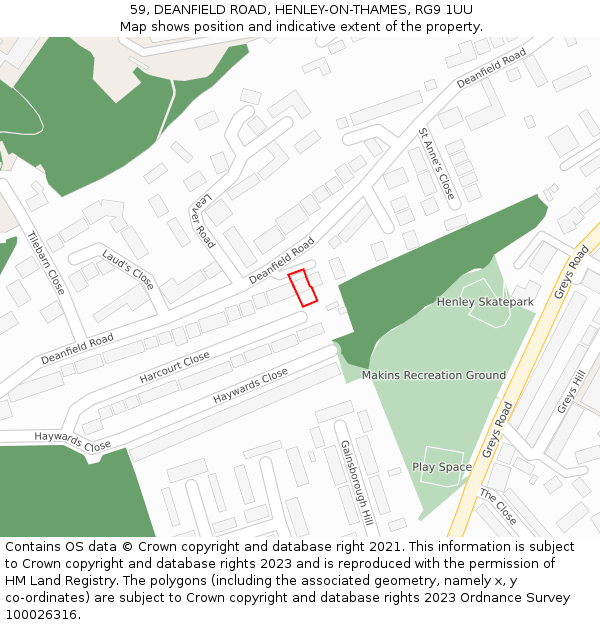 59, DEANFIELD ROAD, HENLEY-ON-THAMES, RG9 1UU: Location map and indicative extent of plot