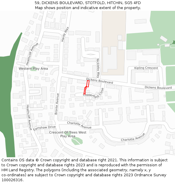 59, DICKENS BOULEVARD, STOTFOLD, HITCHIN, SG5 4FD: Location map and indicative extent of plot
