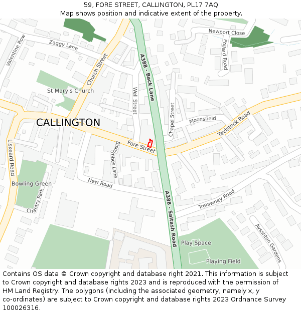 59, FORE STREET, CALLINGTON, PL17 7AQ: Location map and indicative extent of plot