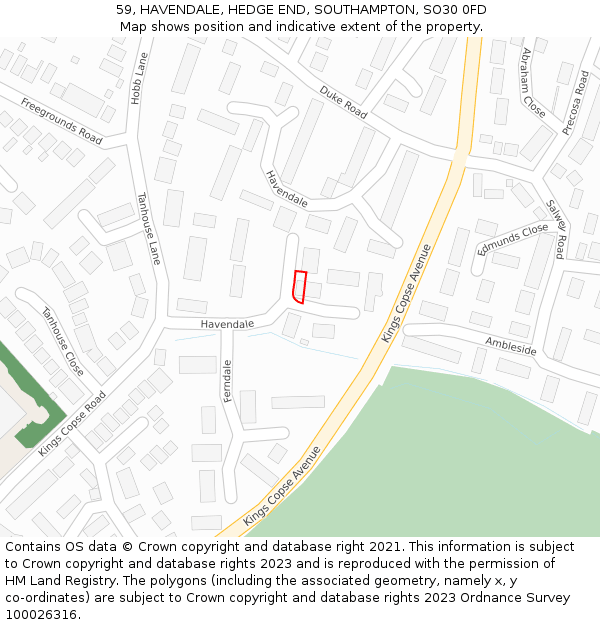 59, HAVENDALE, HEDGE END, SOUTHAMPTON, SO30 0FD: Location map and indicative extent of plot