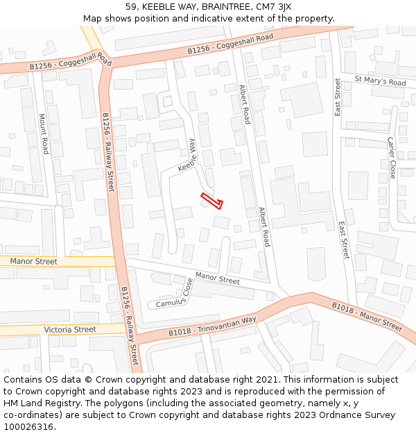 59, KEEBLE WAY, BRAINTREE, CM7 3JX: Location map and indicative extent of plot