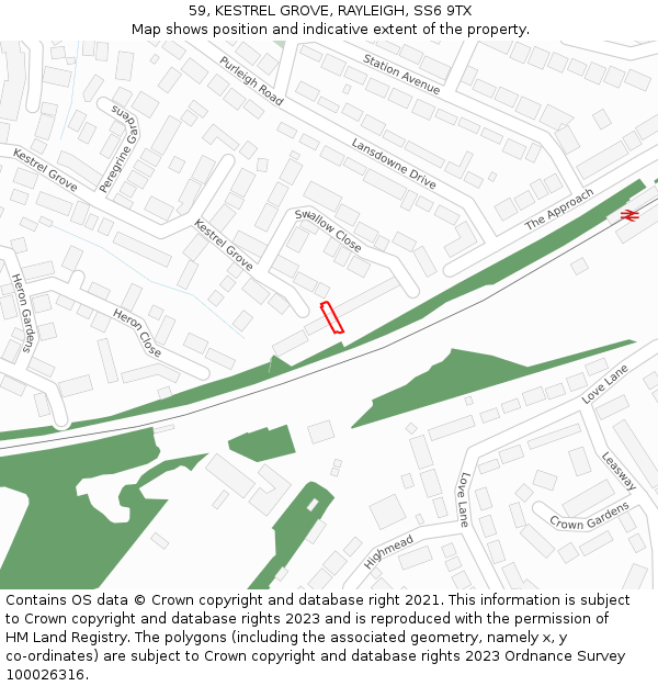 59, KESTREL GROVE, RAYLEIGH, SS6 9TX: Location map and indicative extent of plot
