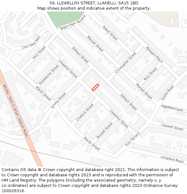 59, LLEWELLYN STREET, LLANELLI, SA15 1BD: Location map and indicative extent of plot