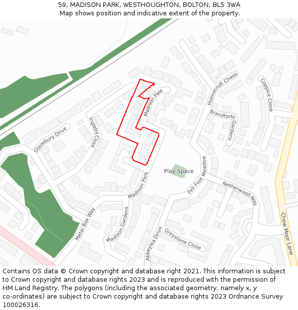 59, MADISON PARK, WESTHOUGHTON, BOLTON, BL5 3WA: Location map and indicative extent of plot