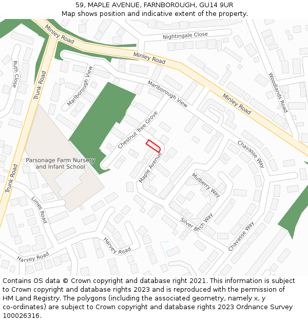 59, MAPLE AVENUE, FARNBOROUGH, GU14 9UR: Location map and indicative extent of plot