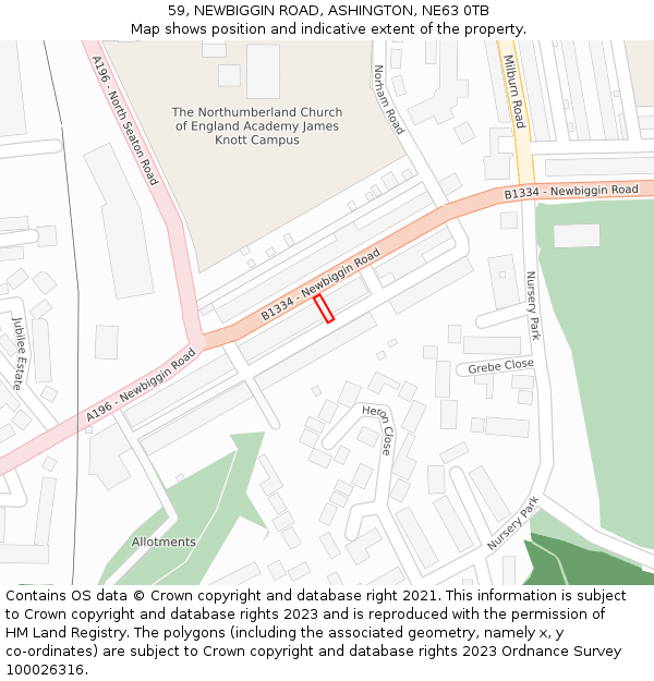 59, NEWBIGGIN ROAD, ASHINGTON, NE63 0TB: Location map and indicative extent of plot