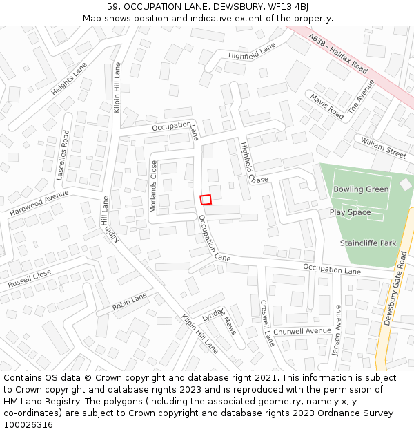 59, OCCUPATION LANE, DEWSBURY, WF13 4BJ: Location map and indicative extent of plot