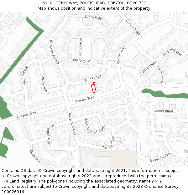 59, PHOENIX WAY, PORTISHEAD, BRISTOL, BS20 7FG: Location map and indicative extent of plot