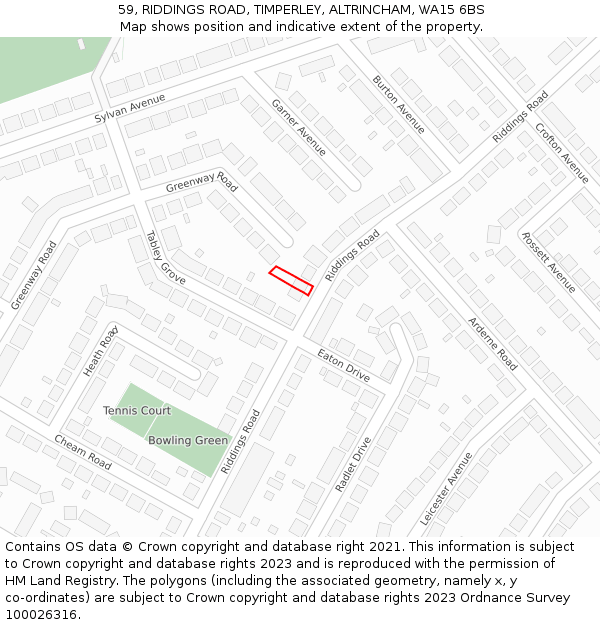 59, RIDDINGS ROAD, TIMPERLEY, ALTRINCHAM, WA15 6BS: Location map and indicative extent of plot