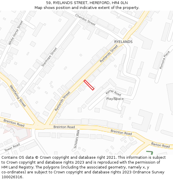 59, RYELANDS STREET, HEREFORD, HR4 0LN: Location map and indicative extent of plot