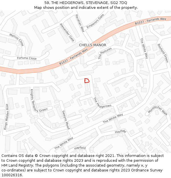59, THE HEDGEROWS, STEVENAGE, SG2 7DQ: Location map and indicative extent of plot