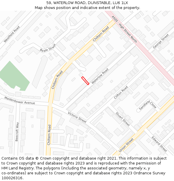 59, WATERLOW ROAD, DUNSTABLE, LU6 1LX: Location map and indicative extent of plot