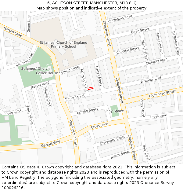 6, ACHESON STREET, MANCHESTER, M18 8LQ: Location map and indicative extent of plot