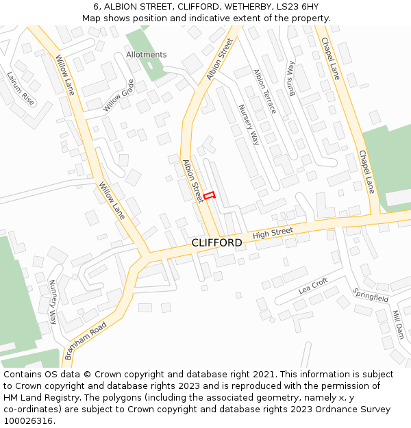 6, ALBION STREET, CLIFFORD, WETHERBY, LS23 6HY: Location map and indicative extent of plot