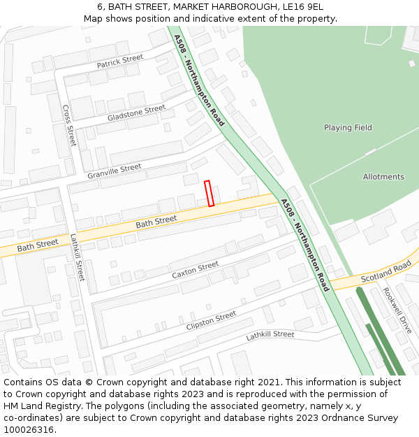 6, BATH STREET, MARKET HARBOROUGH, LE16 9EL: Location map and indicative extent of plot