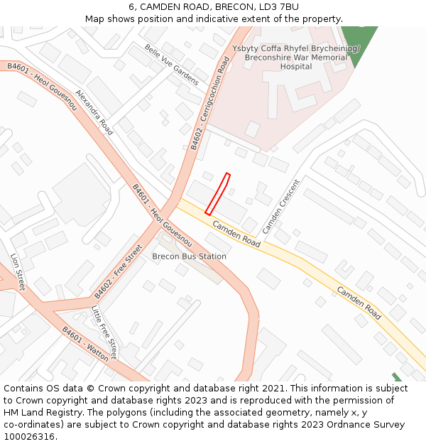 6, CAMDEN ROAD, BRECON, LD3 7BU: Location map and indicative extent of plot