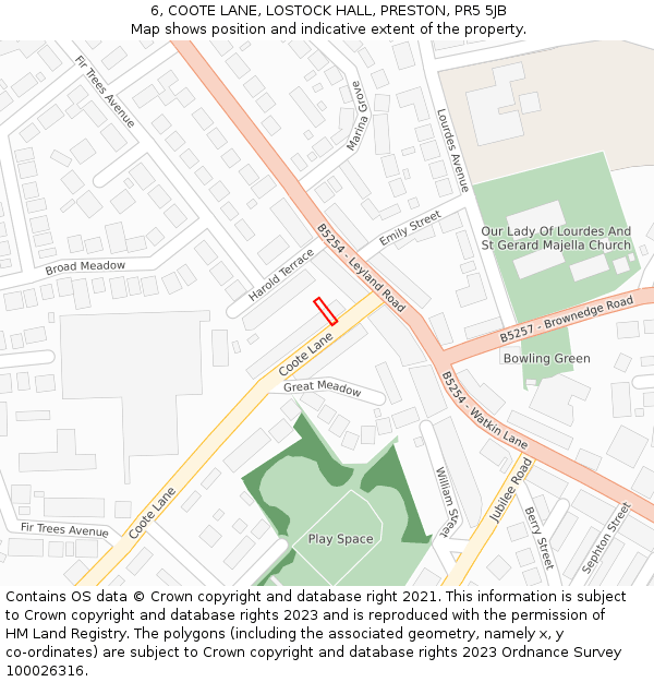 6, COOTE LANE, LOSTOCK HALL, PRESTON, PR5 5JB: Location map and indicative extent of plot