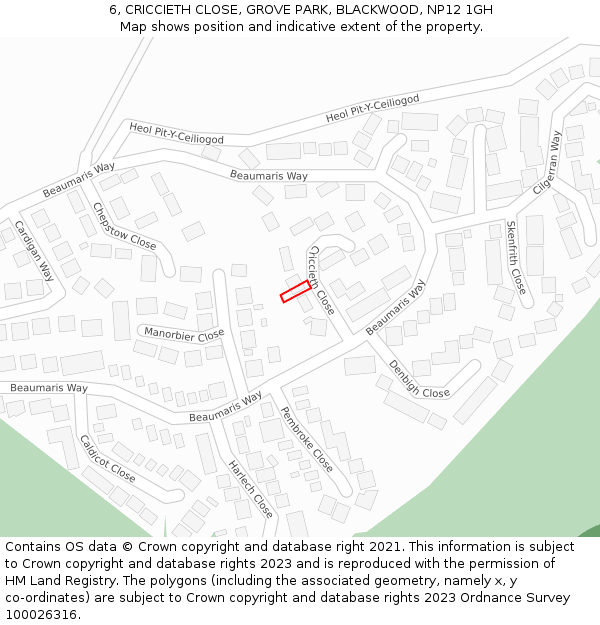 6, CRICCIETH CLOSE, GROVE PARK, BLACKWOOD, NP12 1GH: Location map and indicative extent of plot