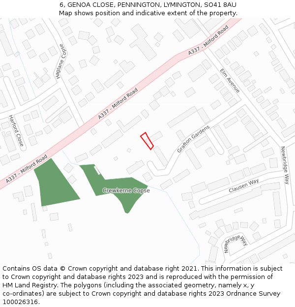 6, GENOA CLOSE, PENNINGTON, LYMINGTON, SO41 8AU: Location map and indicative extent of plot