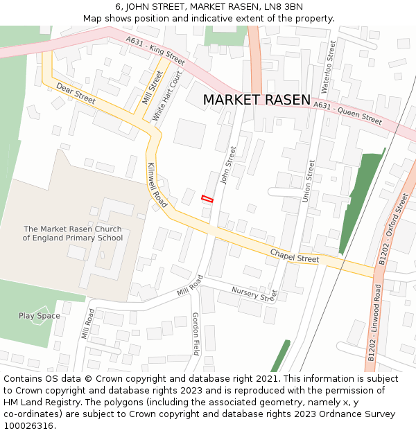 6, JOHN STREET, MARKET RASEN, LN8 3BN: Location map and indicative extent of plot
