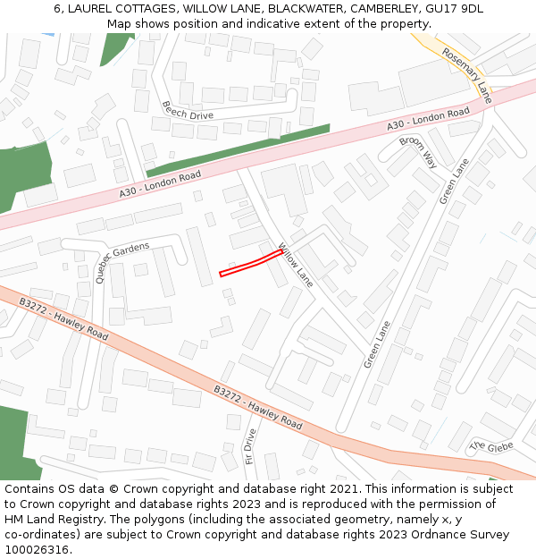 6, LAUREL COTTAGES, WILLOW LANE, BLACKWATER, CAMBERLEY, GU17 9DL: Location map and indicative extent of plot