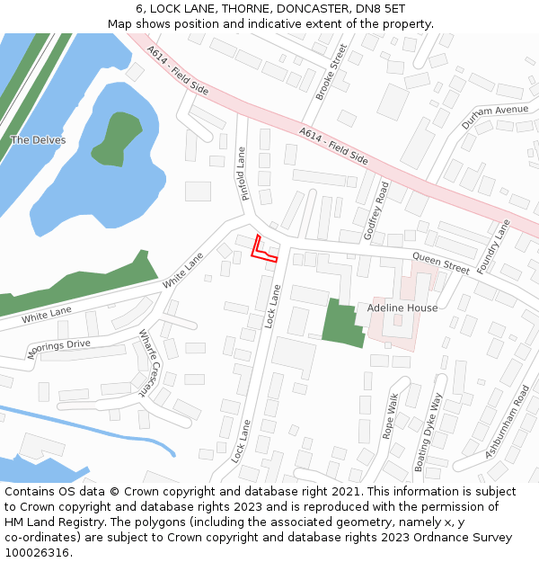 6, LOCK LANE, THORNE, DONCASTER, DN8 5ET: Location map and indicative extent of plot