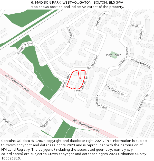 6, MADISON PARK, WESTHOUGHTON, BOLTON, BL5 3WA: Location map and indicative extent of plot