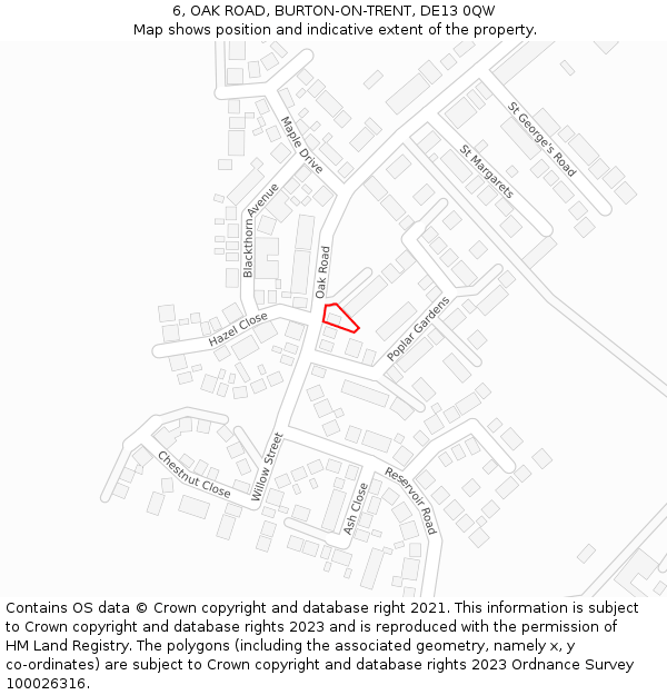 6, OAK ROAD, BURTON-ON-TRENT, DE13 0QW: Location map and indicative extent of plot