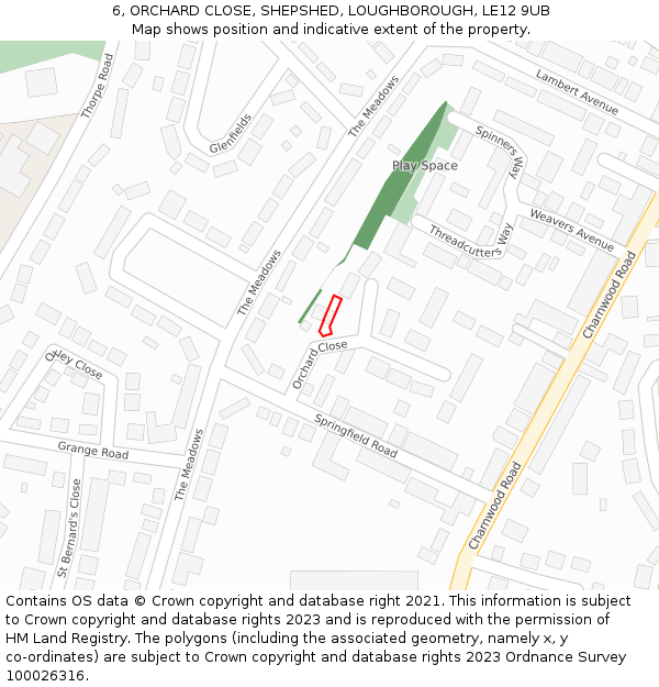 6, ORCHARD CLOSE, SHEPSHED, LOUGHBOROUGH, LE12 9UB: Location map and indicative extent of plot