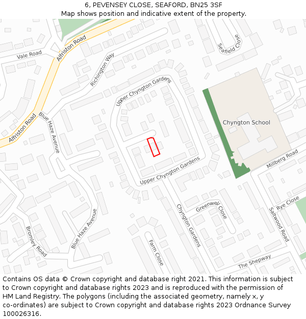 6, PEVENSEY CLOSE, SEAFORD, BN25 3SF: Location map and indicative extent of plot