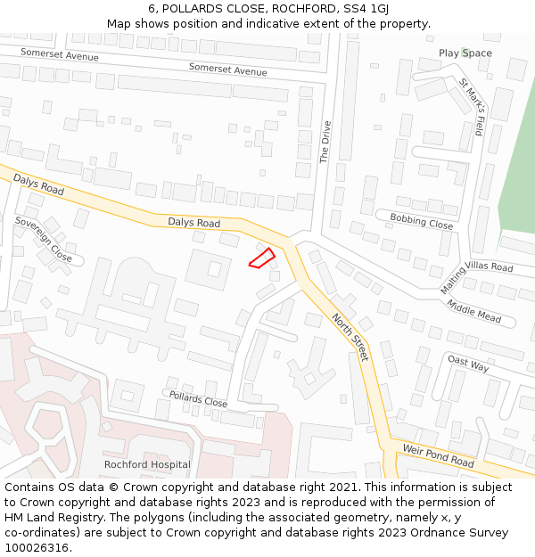 6, POLLARDS CLOSE, ROCHFORD, SS4 1GJ: Location map and indicative extent of plot