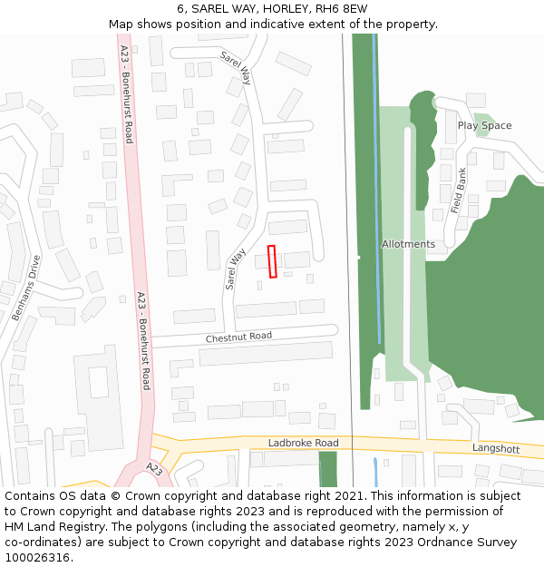 6, SAREL WAY, HORLEY, RH6 8EW: Location map and indicative extent of plot