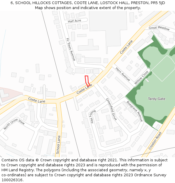 6, SCHOOL HILLOCKS COTTAGES, COOTE LANE, LOSTOCK HALL, PRESTON, PR5 5JD: Location map and indicative extent of plot