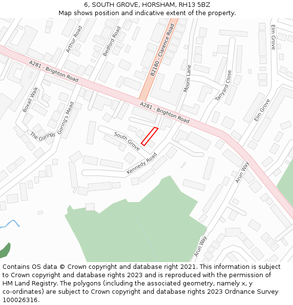 6, SOUTH GROVE, HORSHAM, RH13 5BZ: Location map and indicative extent of plot
