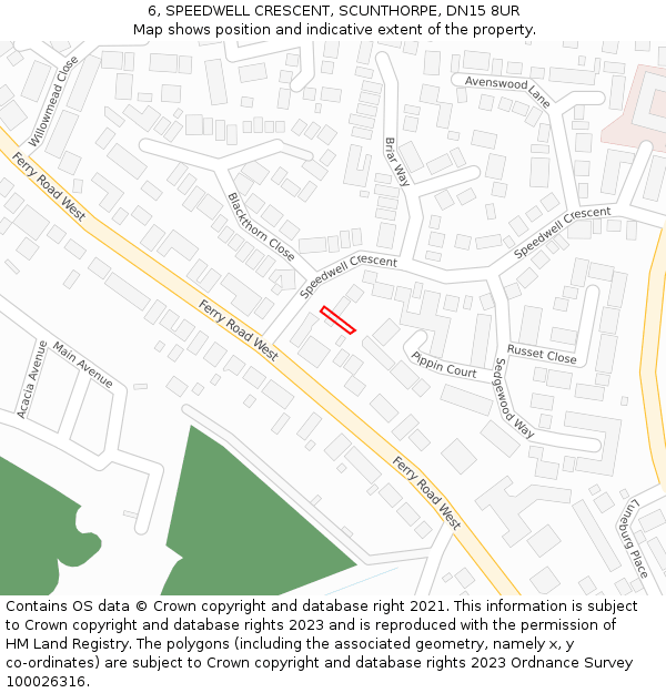 6, SPEEDWELL CRESCENT, SCUNTHORPE, DN15 8UR: Location map and indicative extent of plot