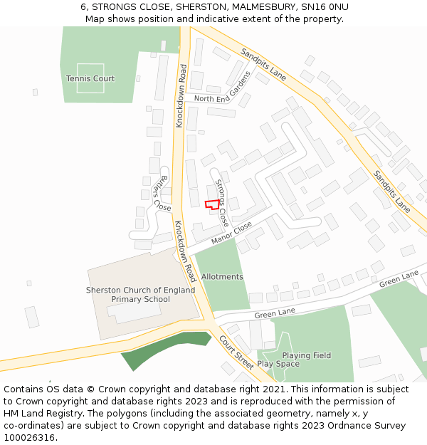 6, STRONGS CLOSE, SHERSTON, MALMESBURY, SN16 0NU: Location map and indicative extent of plot