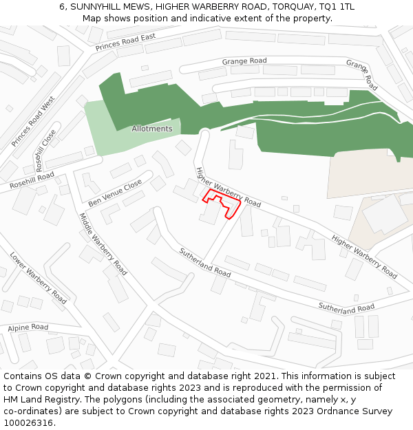 6, SUNNYHILL MEWS, HIGHER WARBERRY ROAD, TORQUAY, TQ1 1TL: Location map and indicative extent of plot