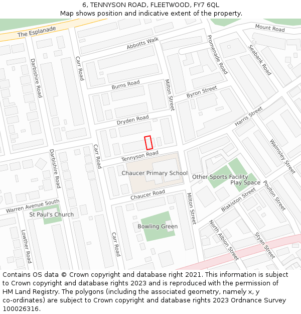 6, TENNYSON ROAD, FLEETWOOD, FY7 6QL: Location map and indicative extent of plot