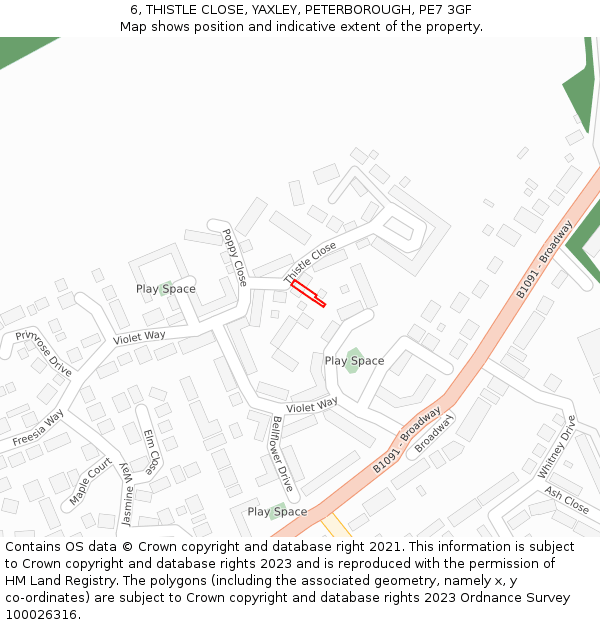 6, THISTLE CLOSE, YAXLEY, PETERBOROUGH, PE7 3GF: Location map and indicative extent of plot