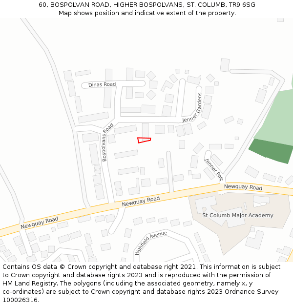 60, BOSPOLVAN ROAD, HIGHER BOSPOLVANS, ST COLUMB, TR9 6SG: Location map and indicative extent of plot
