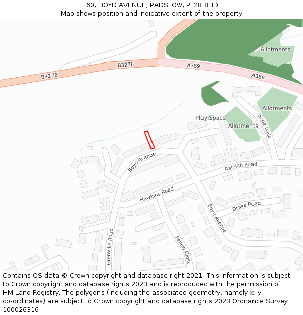 60, BOYD AVENUE, PADSTOW, PL28 8HD: Location map and indicative extent of plot