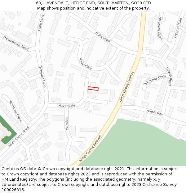 60, HAVENDALE, HEDGE END, SOUTHAMPTON, SO30 0FD: Location map and indicative extent of plot
