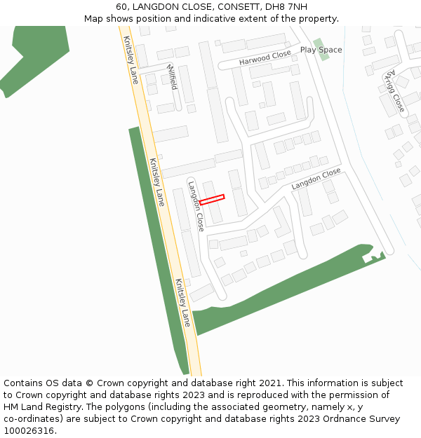 60, LANGDON CLOSE, CONSETT, DH8 7NH: Location map and indicative extent of plot