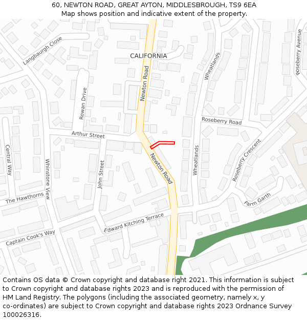 60, NEWTON ROAD, GREAT AYTON, MIDDLESBROUGH, TS9 6EA: Location map and indicative extent of plot