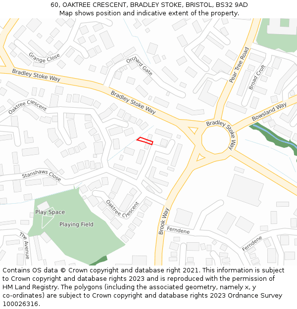 60, OAKTREE CRESCENT, BRADLEY STOKE, BRISTOL, BS32 9AD: Location map and indicative extent of plot