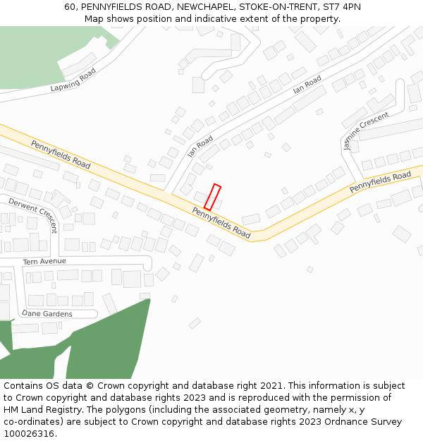 60, PENNYFIELDS ROAD, NEWCHAPEL, STOKE-ON-TRENT, ST7 4PN: Location map and indicative extent of plot